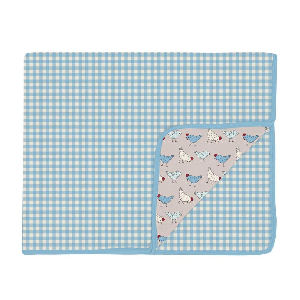 NEW KICKEE lightweight toddler blanket in seaside blue gingham/latte chicken